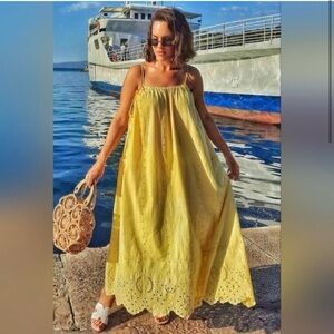 Zara Eyelet Maxi Dress Womens Small Yellow Sundress Summer Apron
